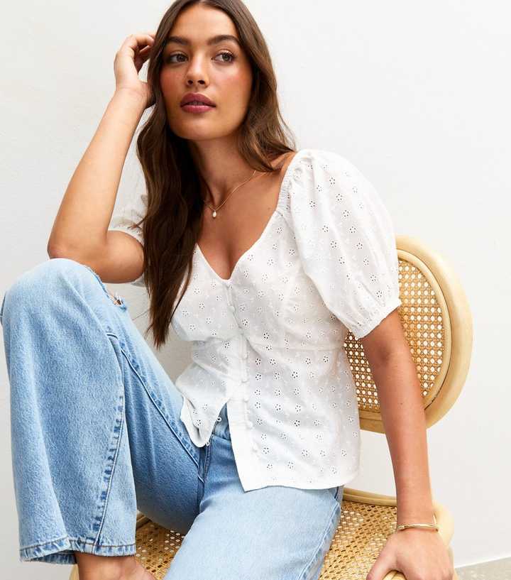 White Cotton Broderie Anglaise Blouse