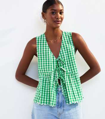 Green Gingham Check Tie Front Top