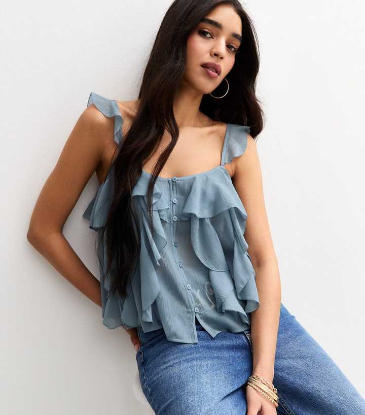 Blue Chiffon Frill Trim Cami Top