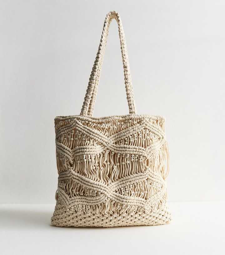 Cream Woven Beaded Tote Bag