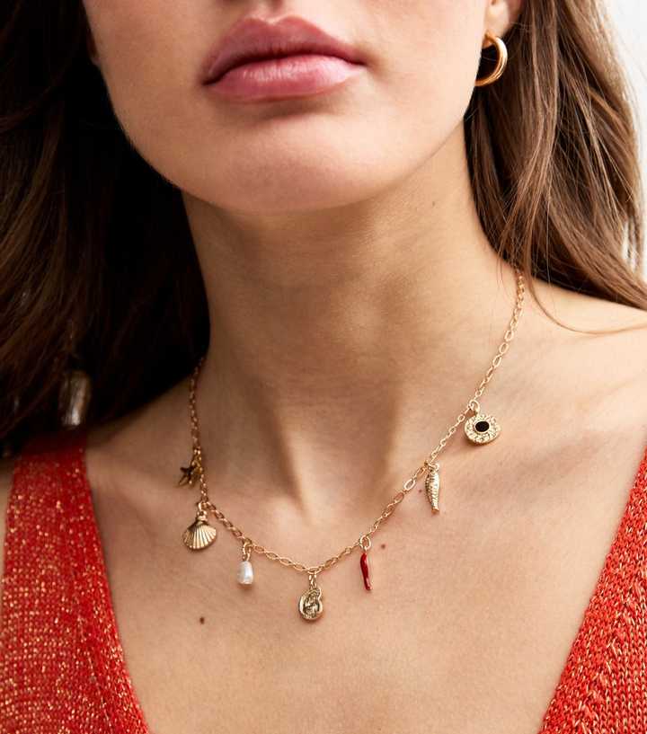 Gold Tone Mini Multi Charm Chain Necklace