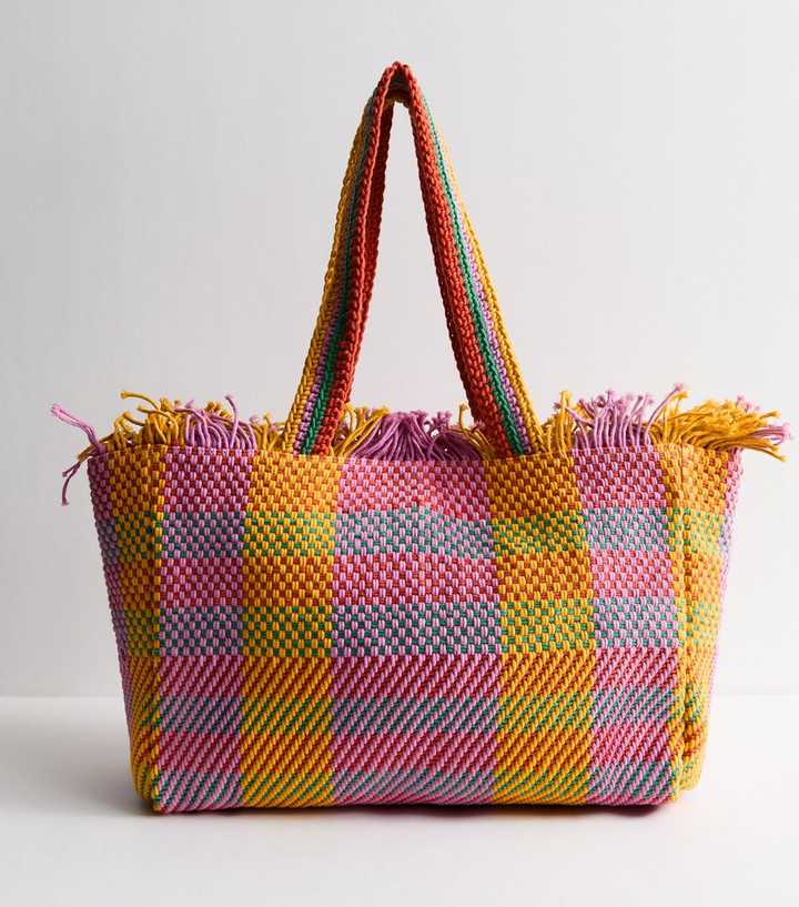 Multicoloured Woven Patchwork Beach Tote Bag