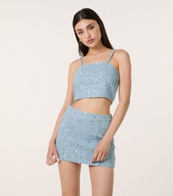 blue sequin crop top