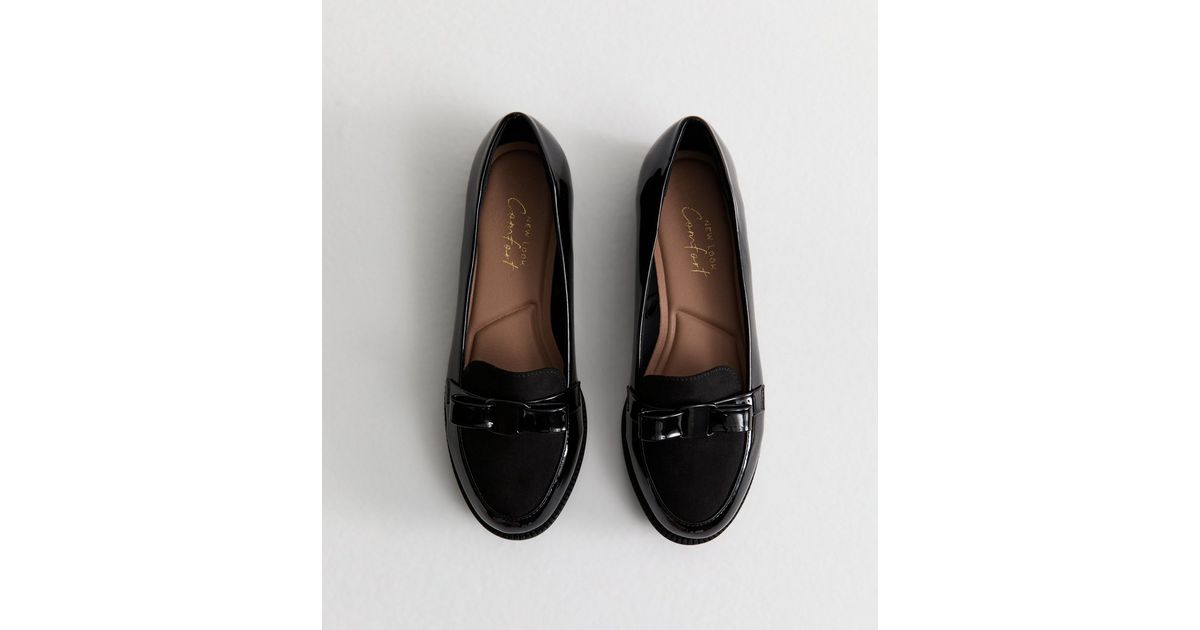 Black Bow Loafers For Women Chunky Heel Faux Leather QK027