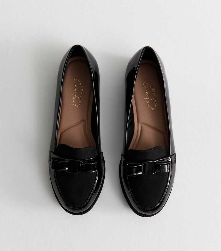 Wide Fit Black Patent Faux Leather Bow Detail Loafers | New Look