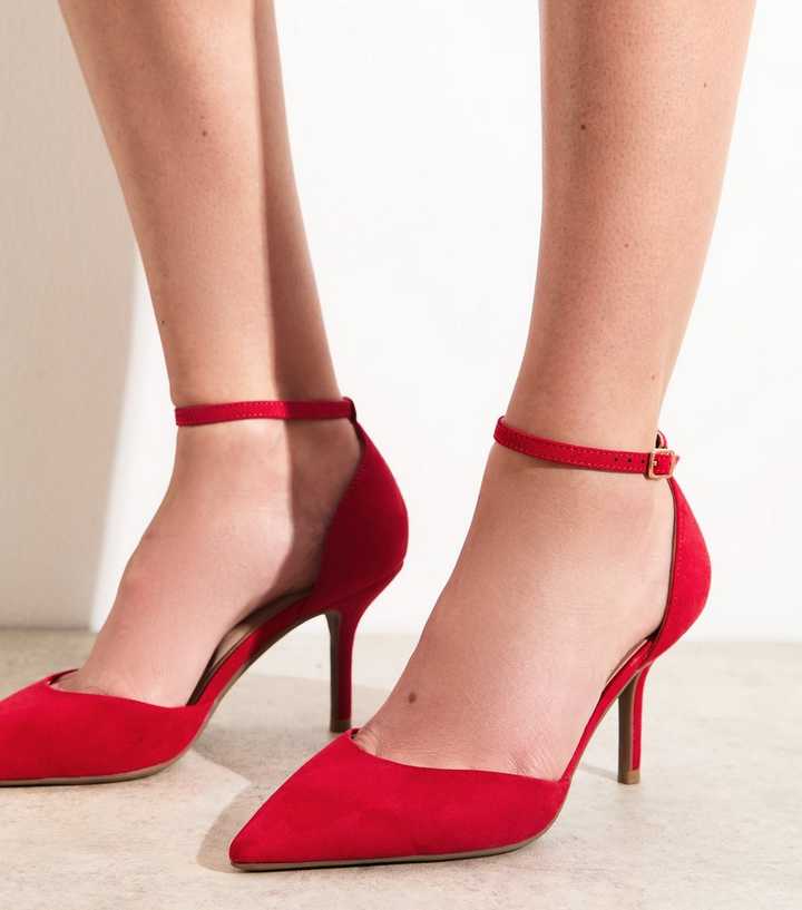 Red Faux Suede Heeled Open Court Shoes