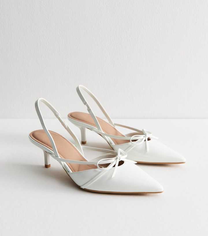 White Faux Patent Bow Appliqued Slingback Pumps