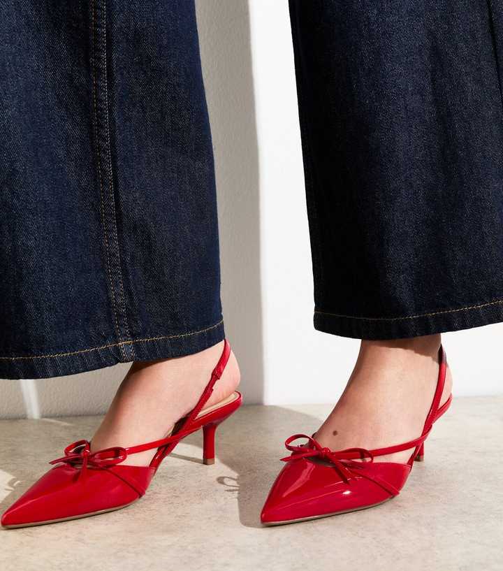 Red Faux Patent Bow Appliqued Slingback Pumps