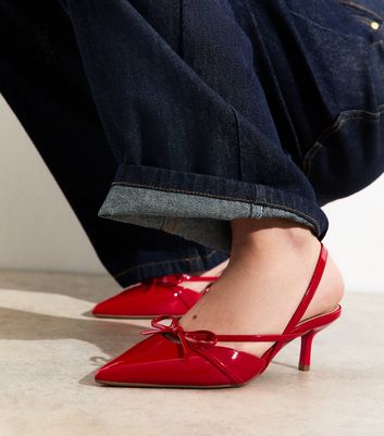 Red Faux Patent Bow Appliqued Slingback Pumps