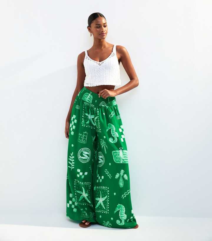Green Sea Print Palazzo Trousers