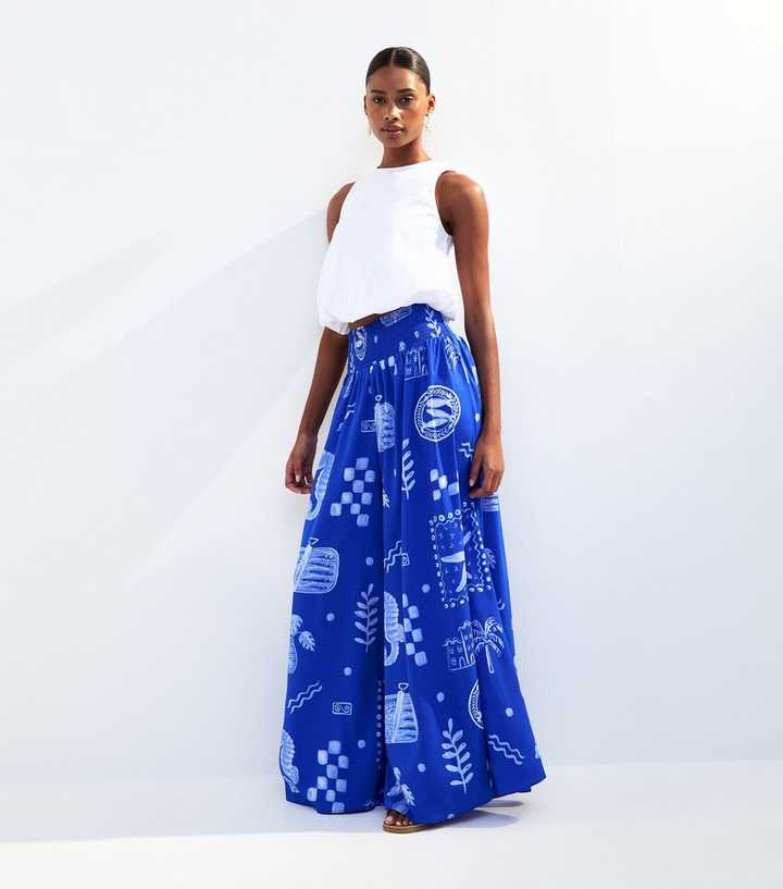 Blue Sea Print Palazzo Trousers