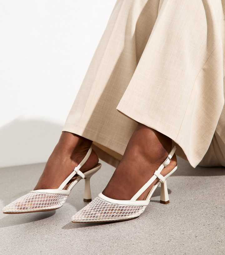 White Gem Embellished Pointed Toe Slingback Heels