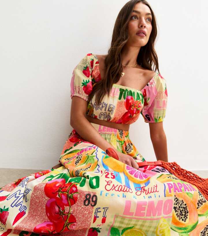 Multicoloured Fruit Print Midi Skirt