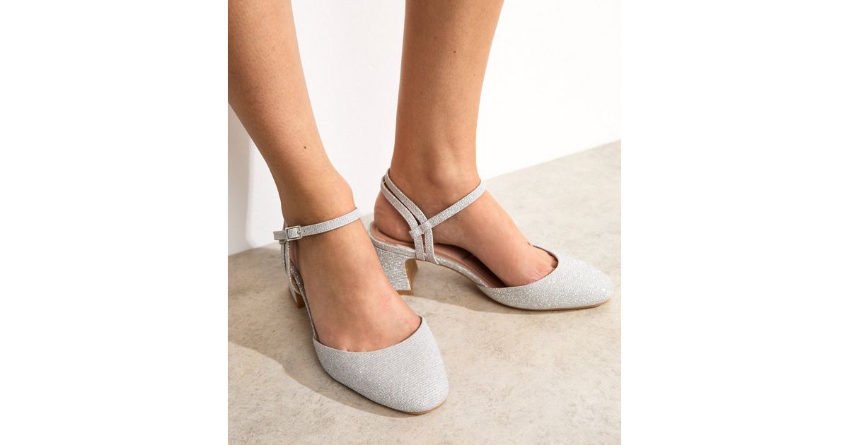 Wide Fit Silver Shimmery Block Heel Open Court Shoes New Look