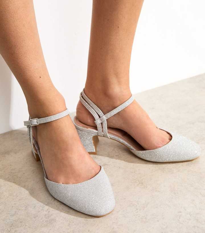 Wide Fit Silver Shimmery Block Heel Open Court Shoes