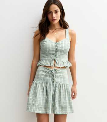 Green Check Print Lace Up Mini Skirt