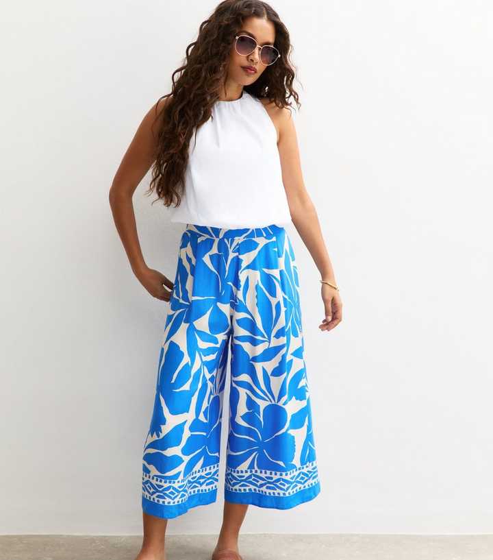 Petite Blue Leaf Print Cropped Wide Leg Trousers New Look