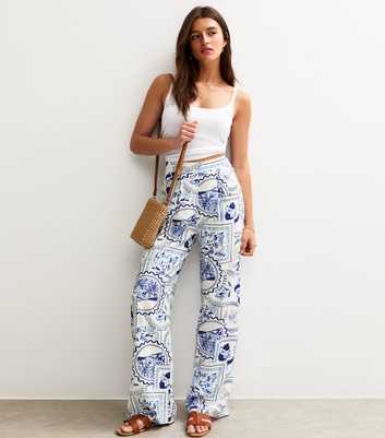 White Postcard Print Wide Leg Trousers