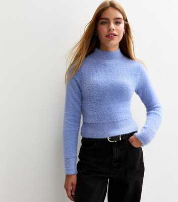 Girls Light Blue Textured Knit High Neck Jumper
