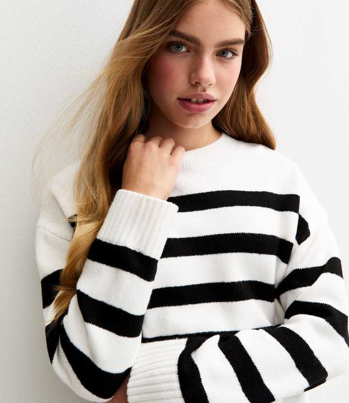 Girls White Striped Side Slit Jumper