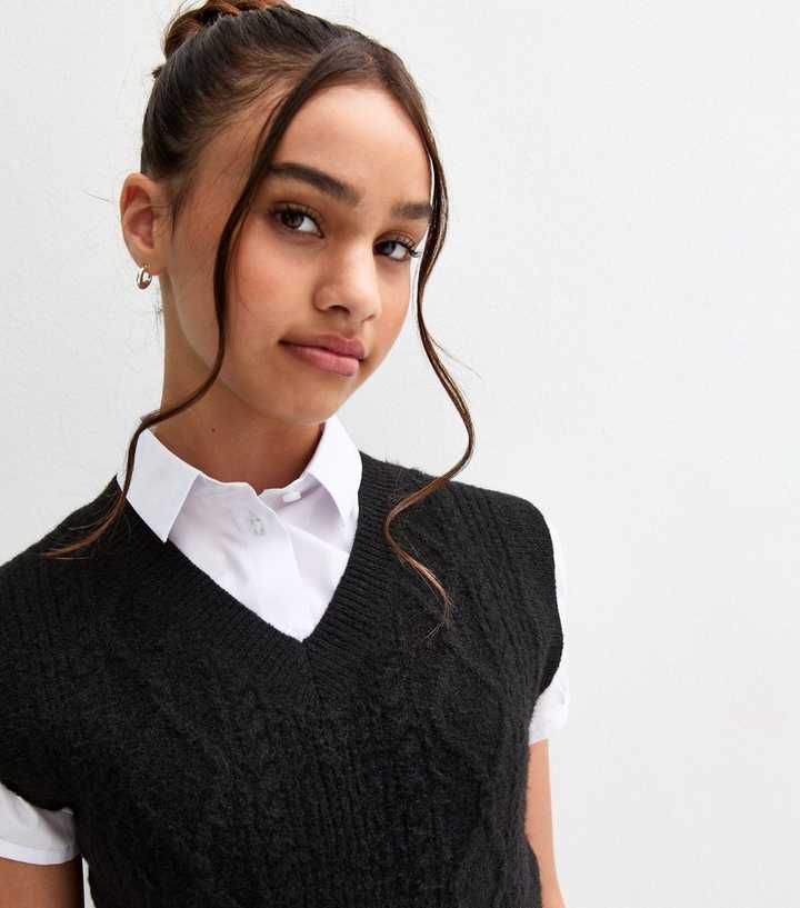 Girls Black Cable Knit School Vest