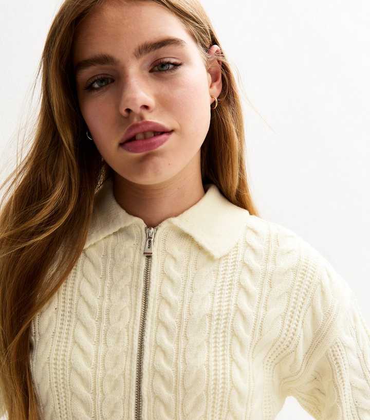 Girls Cream Cable Knit Zip Through Cardigan