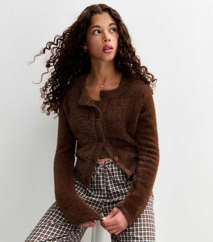 Girls Brown Fluffy Crew Neck Cardigan