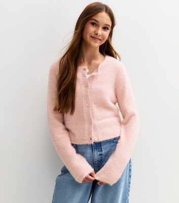 Girls Pale Pink Fluffy Crew Neck Cardigan