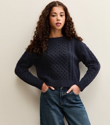 Girls Navy Cable Knit Jumper