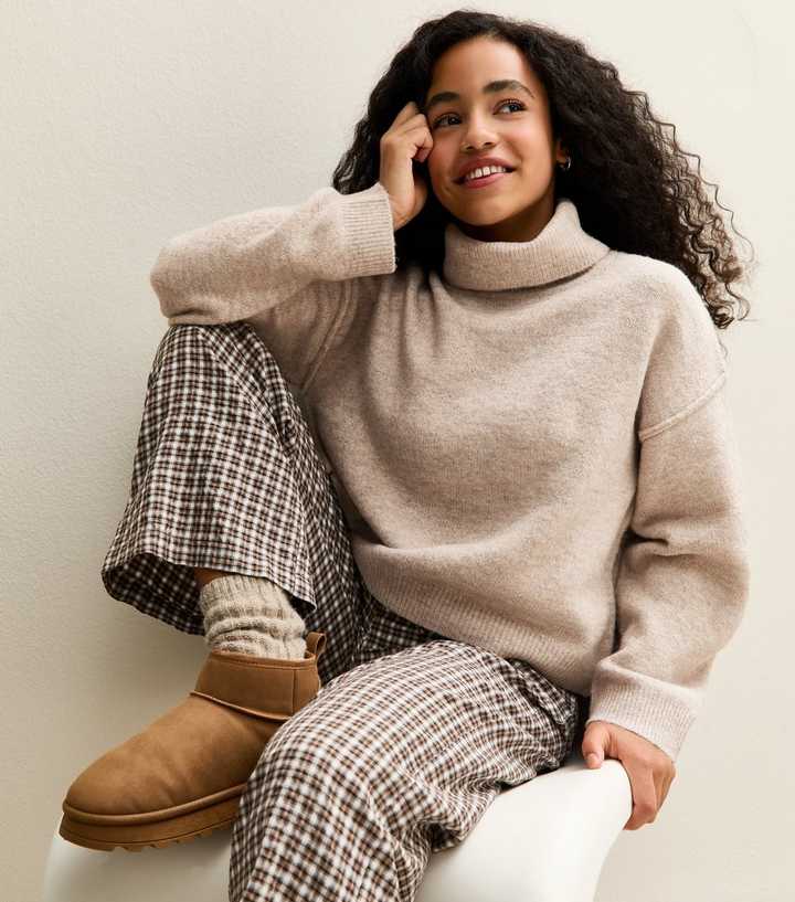 Girls Light Brown Oversized Roll Neck Jumper