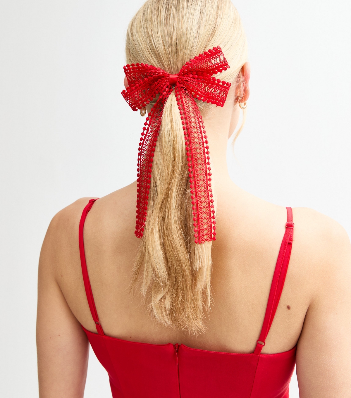Bright Red Lace Large Bow Hair Slide New Look