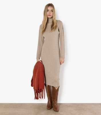 Apricot Stone Knitted Roll Neck Midi Dress