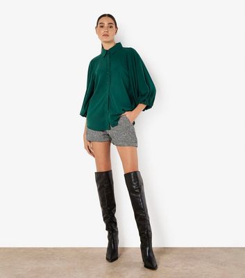 PWA QUILTED PUFFY SHIRT オリーブ Apricot Dark Green Puff Sleeve Shirt | New Look