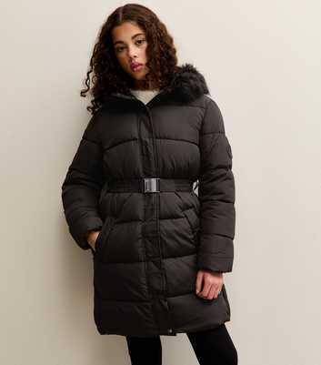 Girls Black Faux Fur Trim Padded Midi Coat