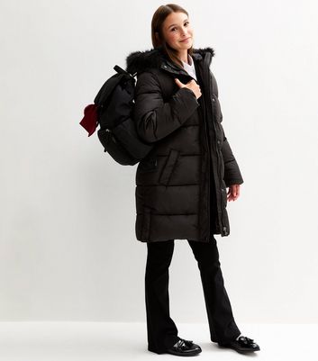 Girls Black Faux Fur Trim Padded Midi Coat