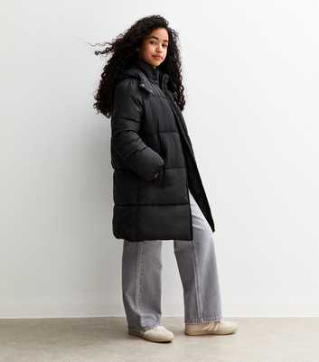 Girls Black Padded Midi Coat