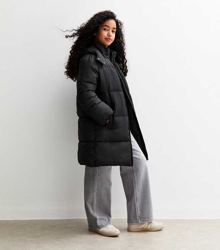 Girls Black Padded Midi Coat