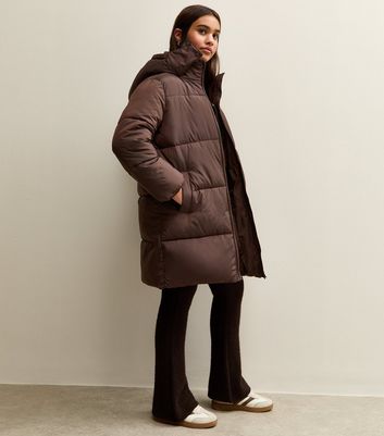 Girls Dark Brown Padded Midi Coat New Look