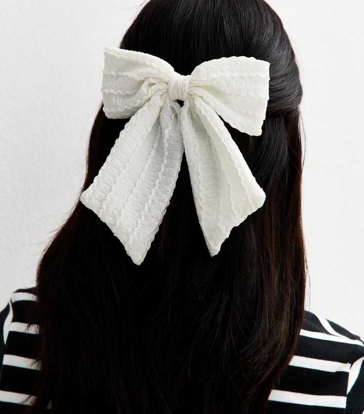 Cream Textured Bow Barrette Hair Clip