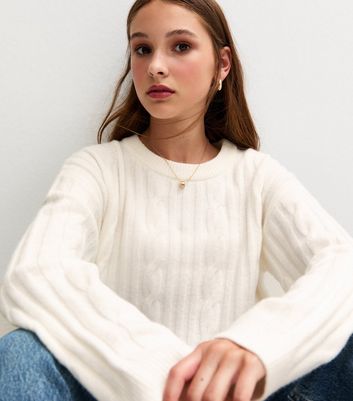 Girls Cream Slouchy Cable Knit Jumper