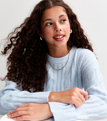Girls Light Blue Slouchy Cable Knit Jumper