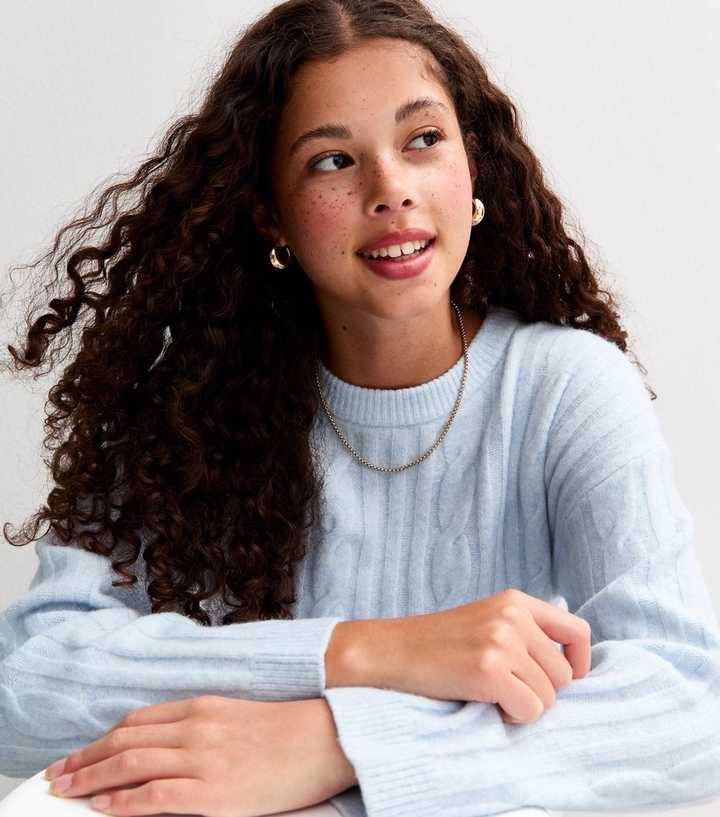 Girls Light Blue Slouchy Cable Knit Jumper