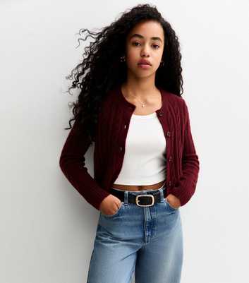 Girls Burgundy Cable Knit Cardigan