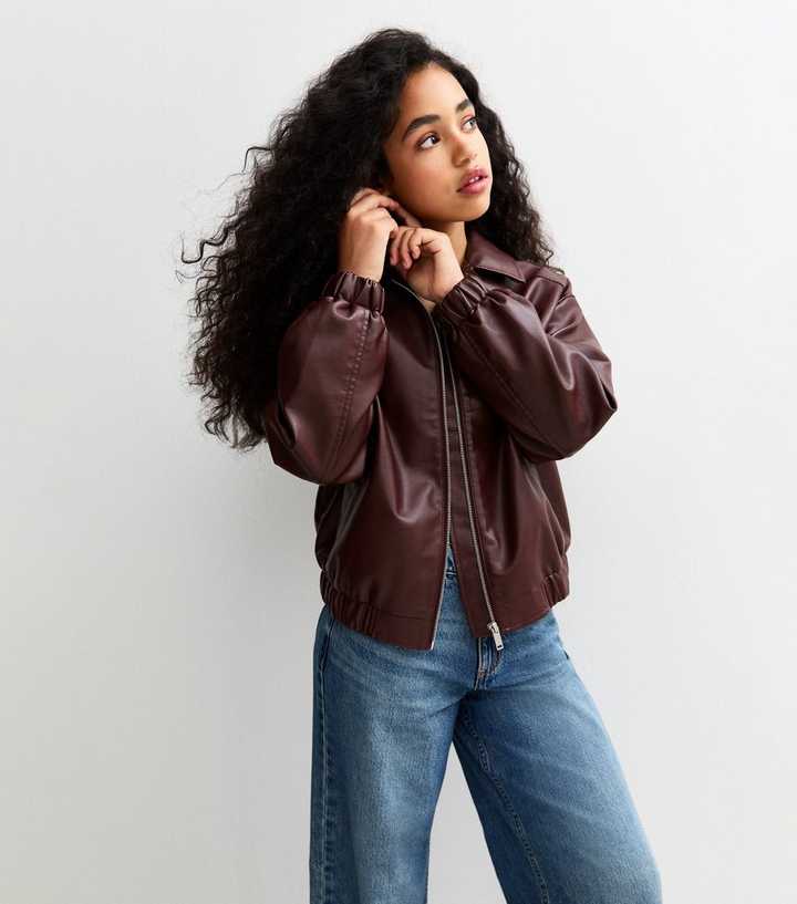 Girls Dark Burgundy Faux Leather Bomber Jacket