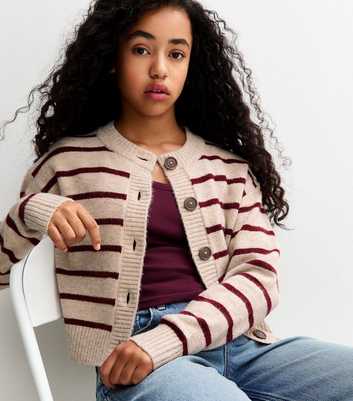 Girls Cream Striped Crew Neck Cardigan