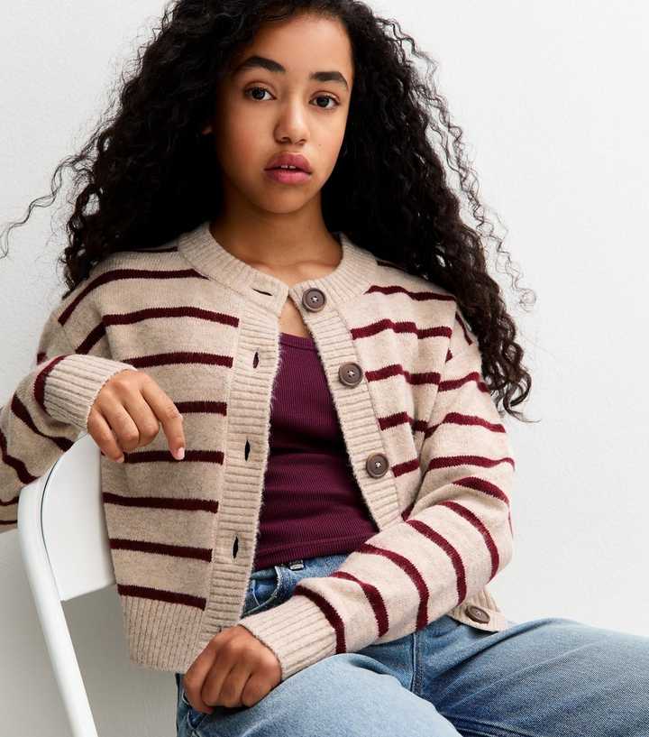 Girls Cream Striped Crew Neck Cardigan