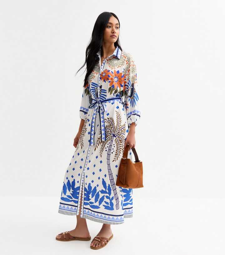Blue Vanilla Blue Tropical Print Midi Shirt Dress