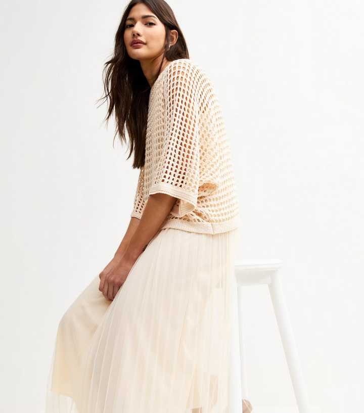 Blue Vanilla Cream Pleated Midi Dress and Crochet Top Set