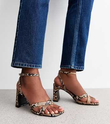 Brown Snake Print Faux Leather Block Heel Sandals