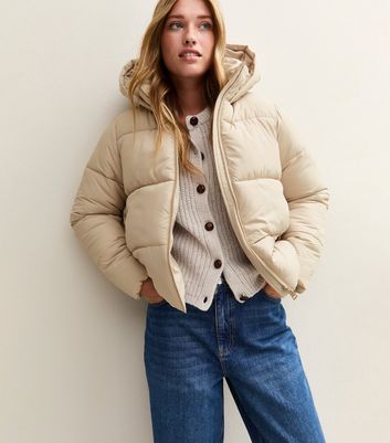 Off White Hooded Cropped Puffer Jacket New Look